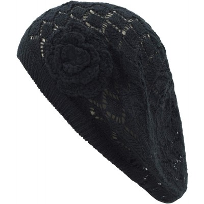 Berets Womens Crochet Flower Beanie Hats Lightweight Cutout Knit Beret Fashion Cap - Black Diamond - CS12LCQ87RP $10.75