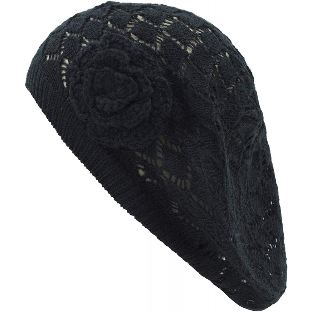 Berets Womens Crochet Flower Beanie Hats Lightweight Cutout Knit Beret Fashion Cap - Black Diamond - CS12LCQ87RP $22.10