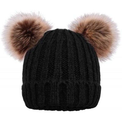 Skullies & Beanies Women's Faux Fur Pompom Mickey Ears Cable Knit Winter Beanie Hat - Black Hat Coffee Ball Black Lining - CZ...