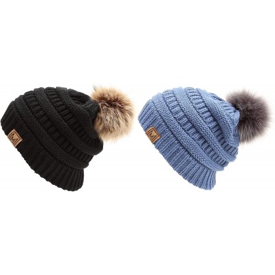 Skullies & Beanies Women's Soft Stretch Cable Knit Warm Skully Faux Fur Pom Pom Beanie Hats - 2 Pack - Black & Denim - CB18L4...