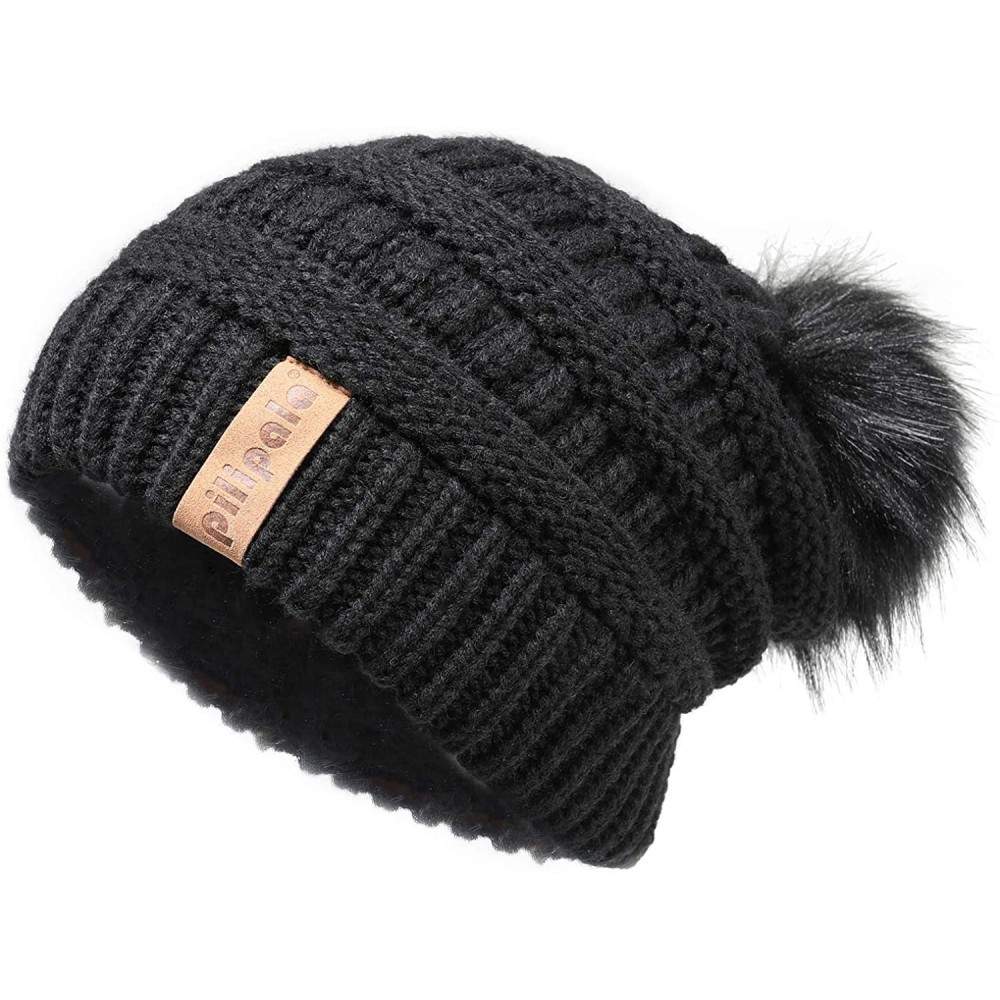 Skullies & Beanies Womens Winter Knit Beanie Hat Slouchy Warm Raccoon Fur Pom Pom Hat Caps for Women Ladies Girls - C718ZXX7E...