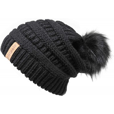 Skullies & Beanies Womens Winter Knit Beanie Hat Slouchy Warm Raccoon Fur Pom Pom Hat Caps for Women Ladies Girls - C718ZXX7E...