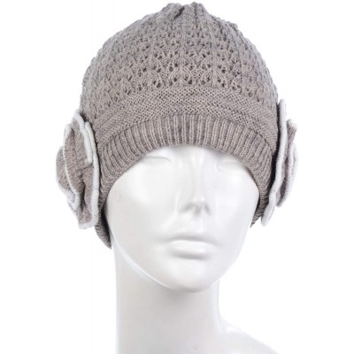 Skullies & Beanies Womens Winter Knit Plush Fleece Lined Beanie Ski Hat Sk Skullie Various Styles - Double Flower Dk.beige - ...