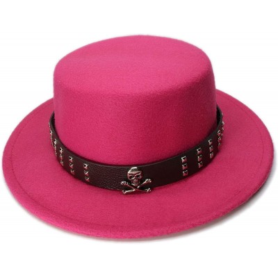 Fedoras Women Men Vintage 100% Wool Wide Brim Bowler Hat Skull Bead Leather Band (57cm/Adjust) - Rose Red - CR18ME8MNZ7 $58.88