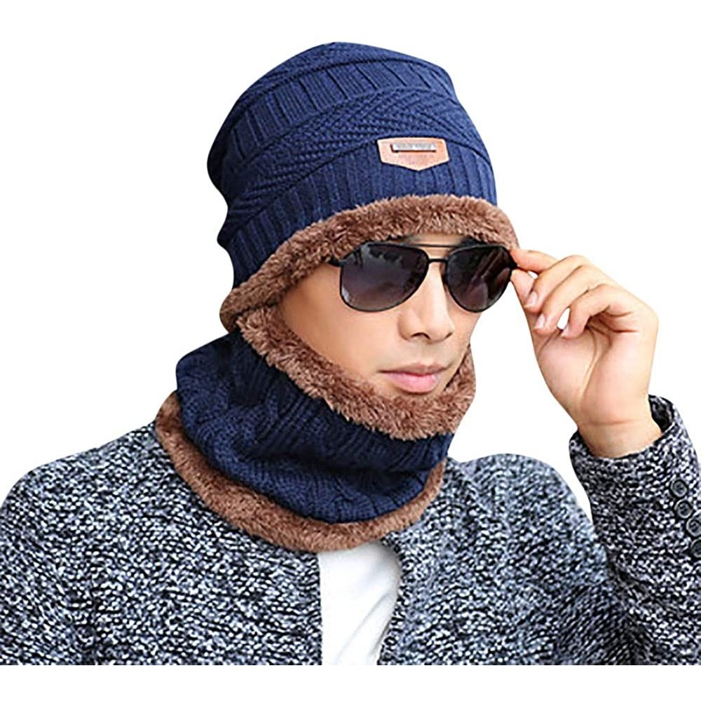 Skullies & Beanies 2-Pieces Unisex Knitted Beanie Hat Neck Scarf Set Fleece Warm Winter Warm Windproof Skull Cap Multi Colors...