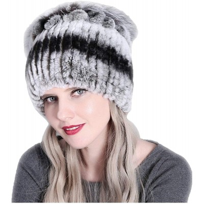 Skullies & Beanies Fur Hat Real Rex Rabbit Fur and Silver Fox Fur Top Flower Shape Cap Women Elastic Winter Warm - Gray + Bla...