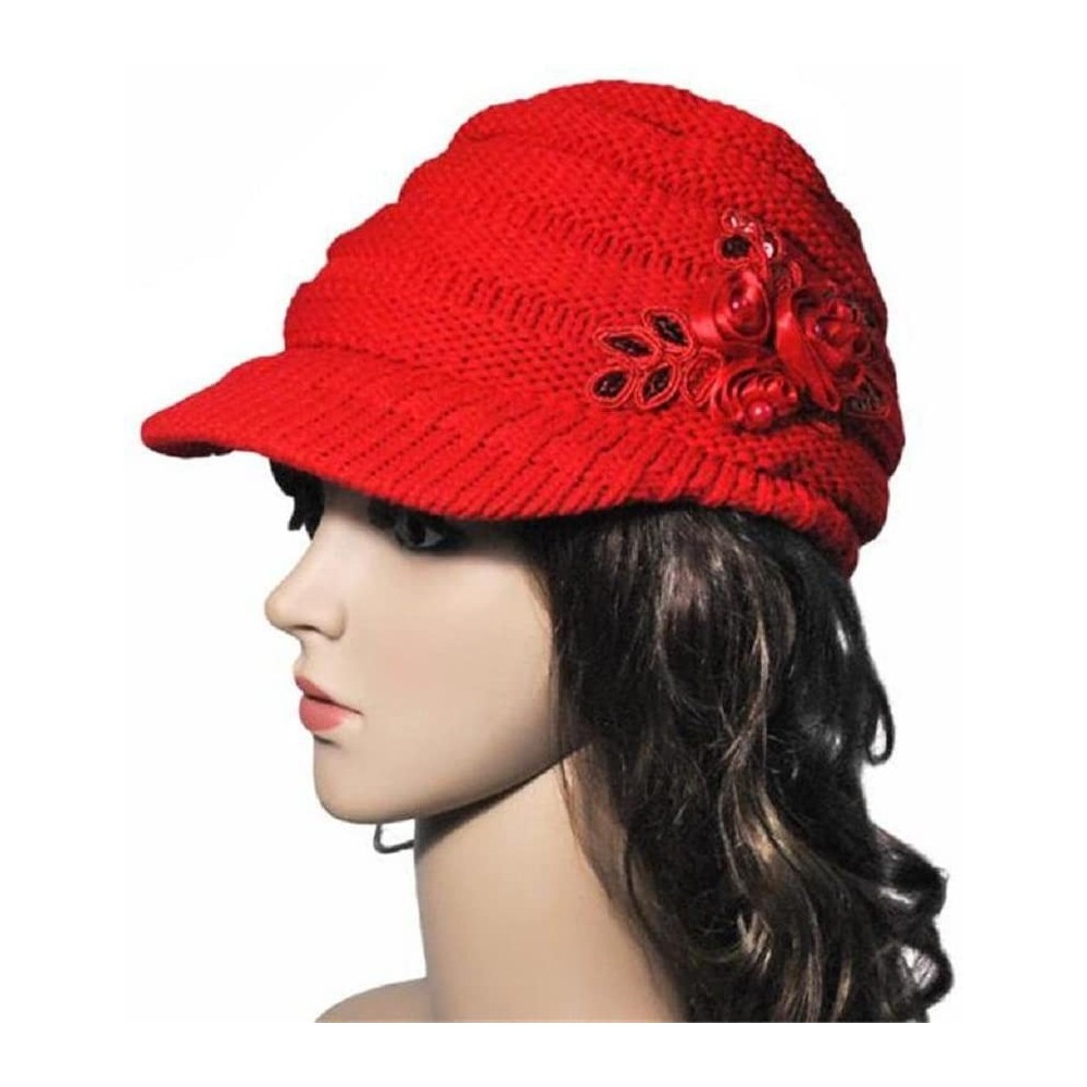 Skullies & Beanies Autumn Winter Women Hat Brim Sequin Applique and Tide Knit Cap (red- ONE Size) - Red - CA1889ST2HT $9.08