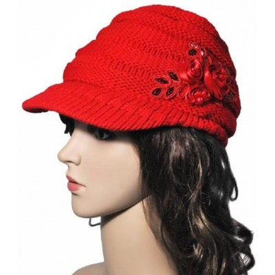 Skullies & Beanies Autumn Winter Women Hat Brim Sequin Applique and Tide Knit Cap (red- ONE Size) - Red - CA1889ST2HT $9.08