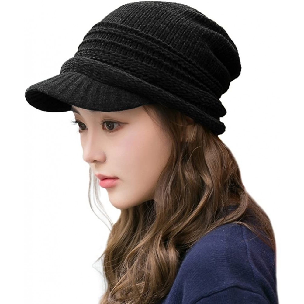 Skullies & Beanies Womens Knit Newsboy Cap Warm Lined Winter Hat 100% Soft Acrylic with Visor - 89265_black - CN189E7T9O3 $17.81