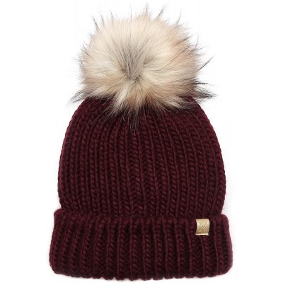 Skullies & Beanies Women's Winter Solid Ribbed Knitted Beanie Hat with Faux Fur Pom Pom - Plum - CA18W0ZAQAM $11.81