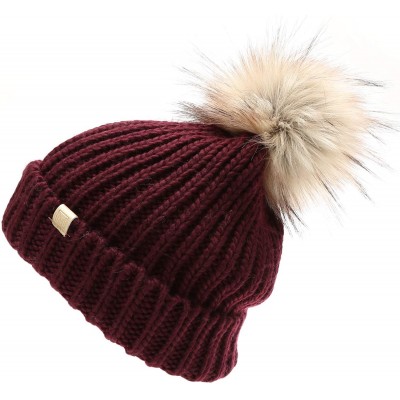 Skullies & Beanies Women's Winter Solid Ribbed Knitted Beanie Hat with Faux Fur Pom Pom - Plum - CA18W0ZAQAM $11.81