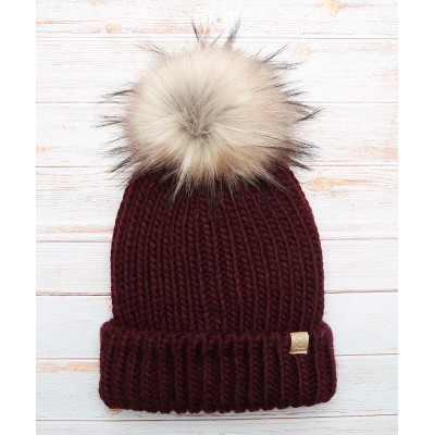 Skullies & Beanies Women's Winter Solid Ribbed Knitted Beanie Hat with Faux Fur Pom Pom - Plum - CA18W0ZAQAM $11.81