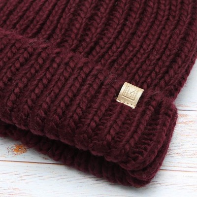 Skullies & Beanies Women's Winter Solid Ribbed Knitted Beanie Hat with Faux Fur Pom Pom - Plum - CA18W0ZAQAM $11.81