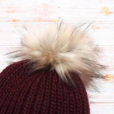 Skullies & Beanies Women's Winter Solid Ribbed Knitted Beanie Hat with Faux Fur Pom Pom - Plum - CA18W0ZAQAM $11.81
