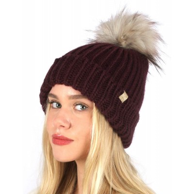 Skullies & Beanies Women's Winter Solid Ribbed Knitted Beanie Hat with Faux Fur Pom Pom - Plum - CA18W0ZAQAM $11.81
