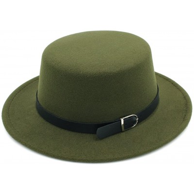Fedoras Women Wool Blend Boater Hat Sailor Flat Top Bowler Cap Belt Buckle Band - Army Green - CT184X503DR $12.81