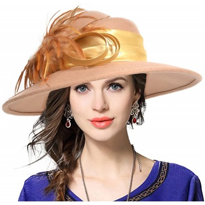 Fedoras Ladies 100% Wool Felt Feather Cocktail British Formal Party Hat - Camel - CZ12MCHQD2J $19.72