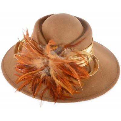 Fedoras Ladies 100% Wool Felt Feather Cocktail British Formal Party Hat - Camel - CZ12MCHQD2J $19.72