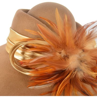 Fedoras Ladies 100% Wool Felt Feather Cocktail British Formal Party Hat - Camel - CZ12MCHQD2J $19.72