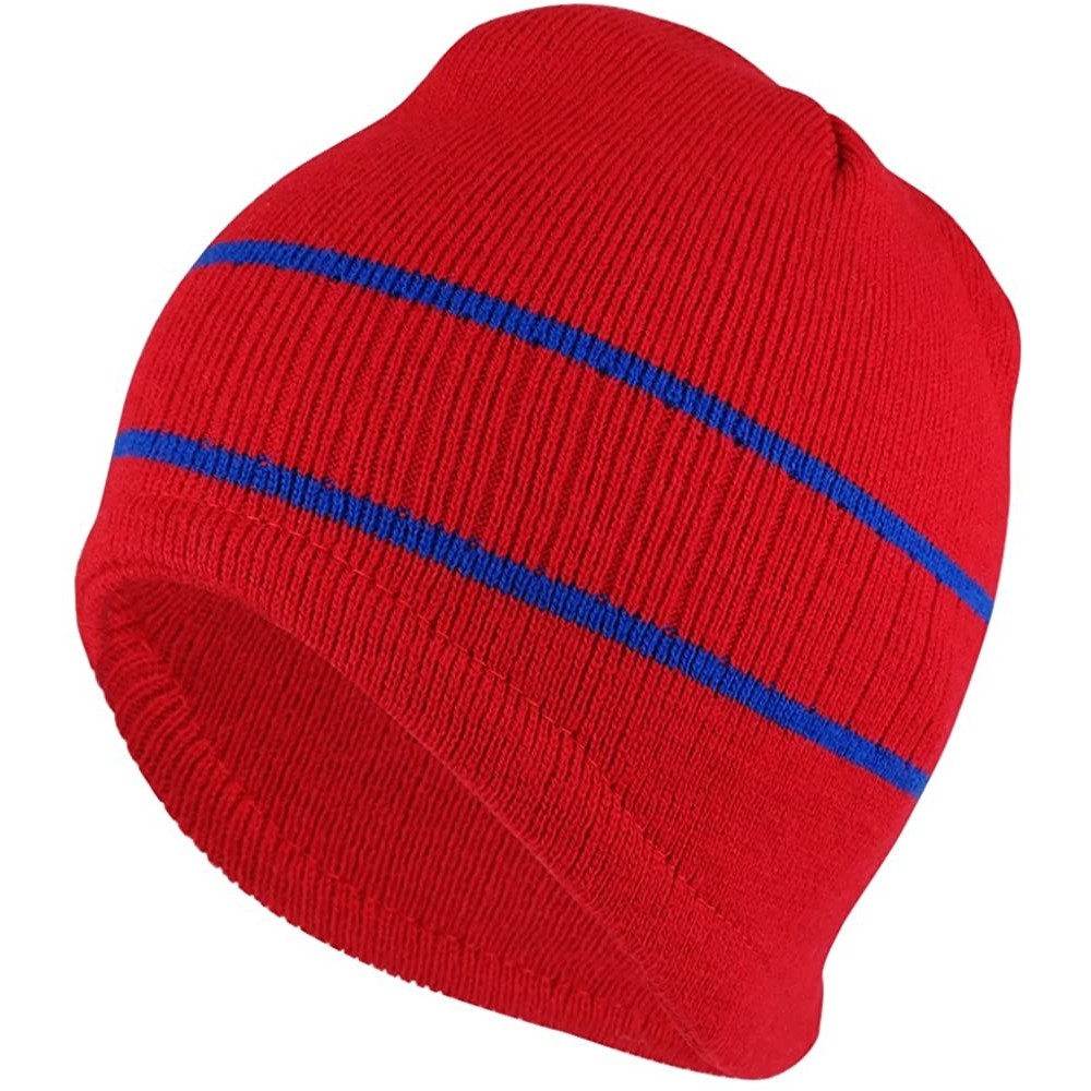 Skullies & Beanies Double Striped Acrylic Knit Warm Winter Beanie Cap - Red Royal - CR18637K0GY $13.32