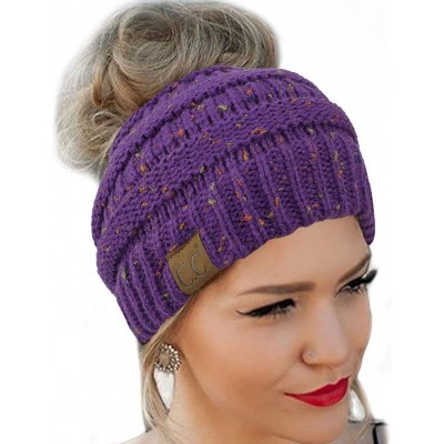 Skullies & Beanies Quality Knit Messy Bun Hat Beanie - Purple Flecked - CF188OQLG5X $11.58