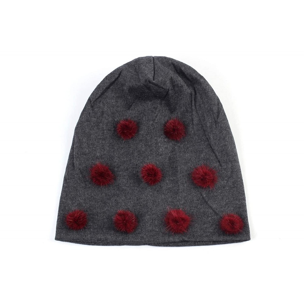 Skullies & Beanies Women's Pom Pom Slouchy Beanie Hat - Dark Ash Grey Wine Red - C818X8KZO3Y $21.38