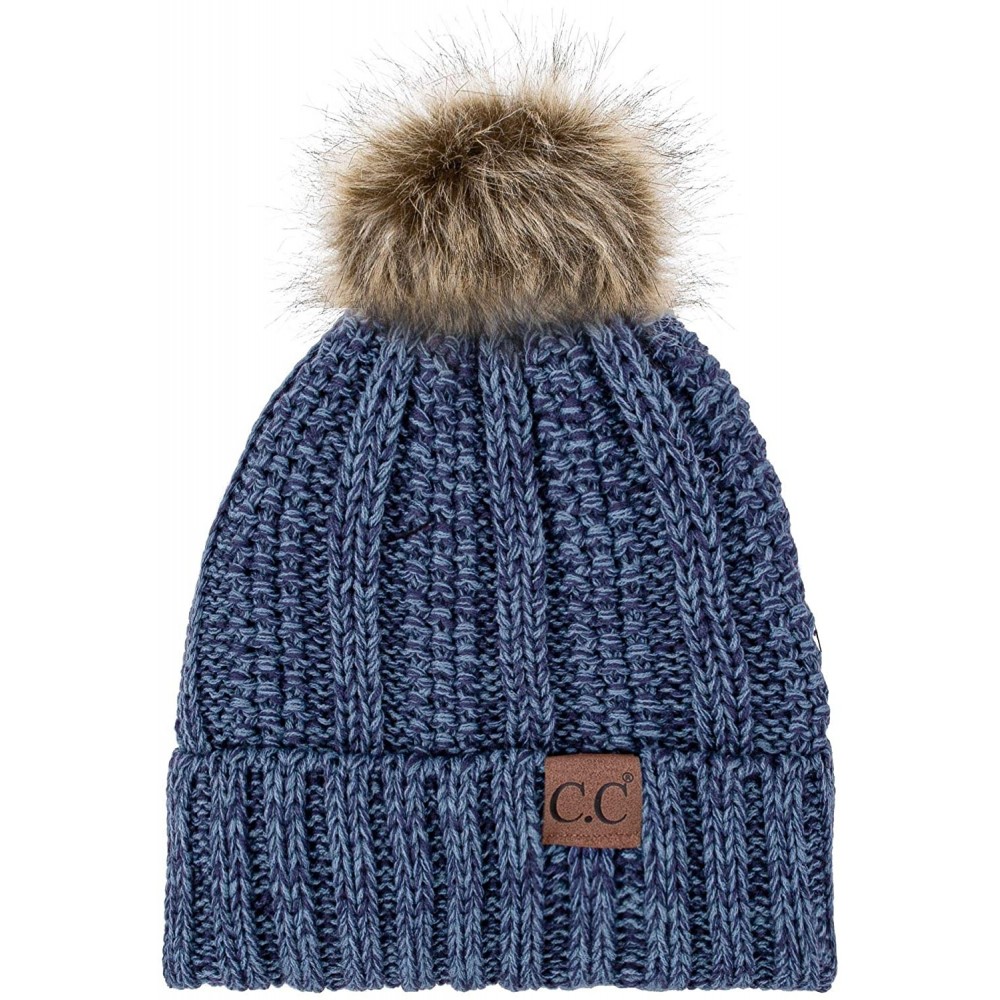 Skullies & Beanies Exclusives Fuzzy Lined Knit Fur Pom Beanie Hat (YJ-820) - 19 Denim Mix - CT192AHQX3Y $16.43