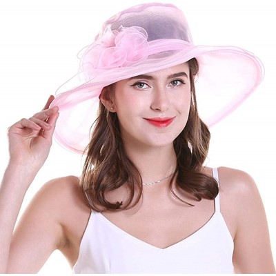 Sun Hats Kentucky Derby Hats Women Organza Church Hat for Wedding Tea Party MZW0099 - Pink - CF17YX6EXIC $11.46