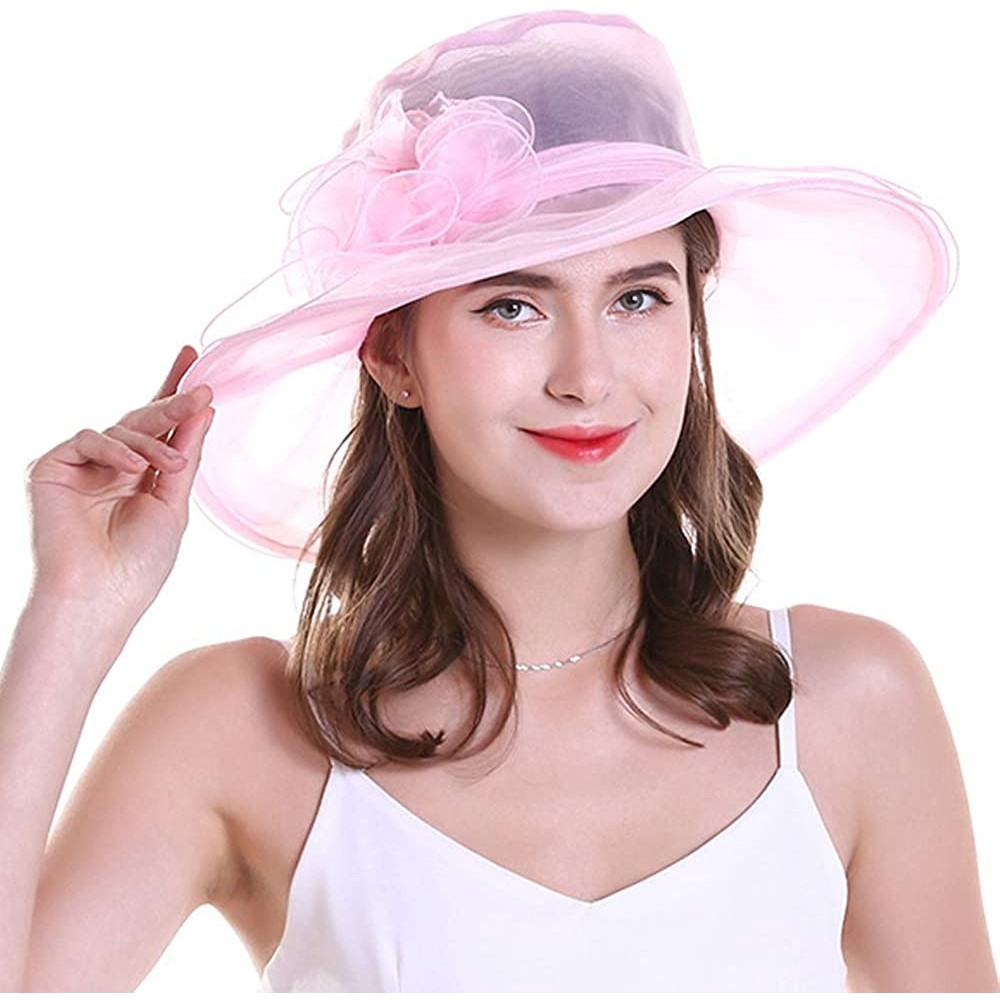 Sun Hats Kentucky Derby Hats Women Organza Church Hat for Wedding Tea Party MZW0099 - Pink - CF17YX6EXIC $11.46