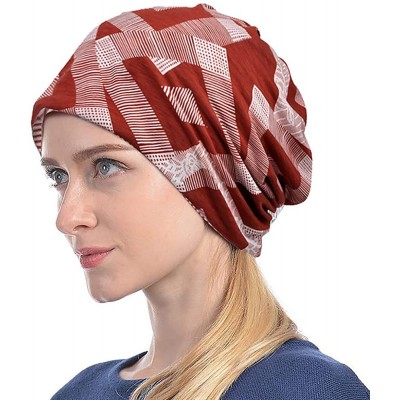 Skullies & Beanies Floral Lace Beanie Hat Chemo Cap Stretch Slouchy Turban Headwear - Red Plaid - CB19642OLNC $9.96