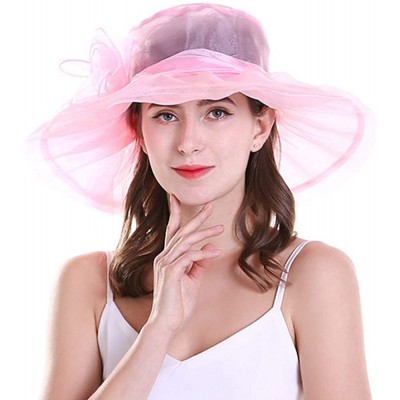 Sun Hats Kentucky Derby Hats Women Organza Church Hat for Wedding Tea Party MZW0099 - Pink - CF17YX6EXIC $11.46