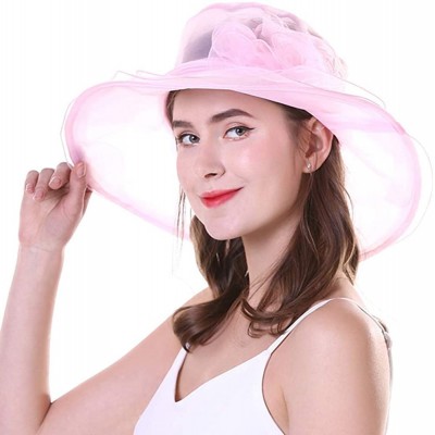 Sun Hats Kentucky Derby Hats Women Organza Church Hat for Wedding Tea Party MZW0099 - Pink - CF17YX6EXIC $11.46