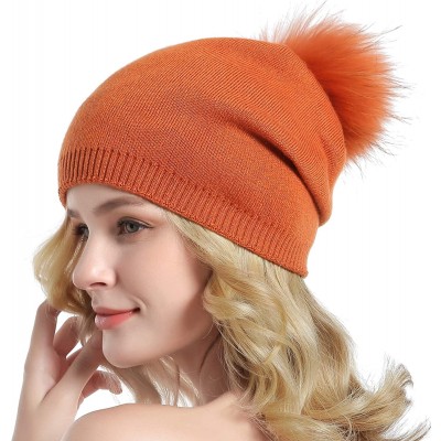 Skullies & Beanies Women Knit Wool Beanie - Winter Solid Cashmere Ski Hats Real Raccoon Fur Pom Pom - 10- Orange - CJ18KG87ZE...
