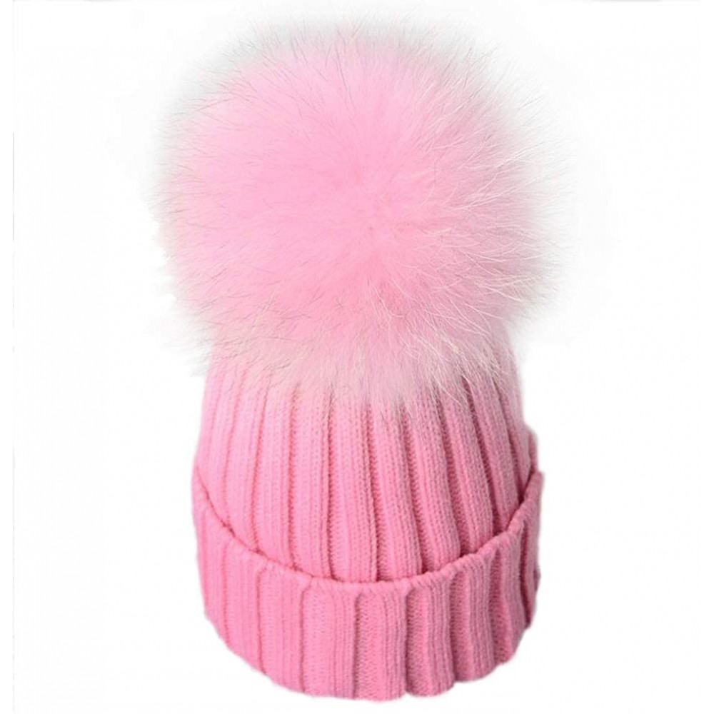Skullies & Beanies Womens Girls Knitted Fur Hat Real Large Silver Fox Fur Pom Pom Beanie Hats - Pink Pink Pom - CZ18OEYOTHI $...