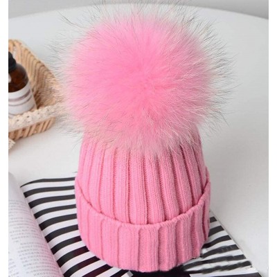 Skullies & Beanies Womens Girls Knitted Fur Hat Real Large Silver Fox Fur Pom Pom Beanie Hats - Pink Pink Pom - CZ18OEYOTHI $...