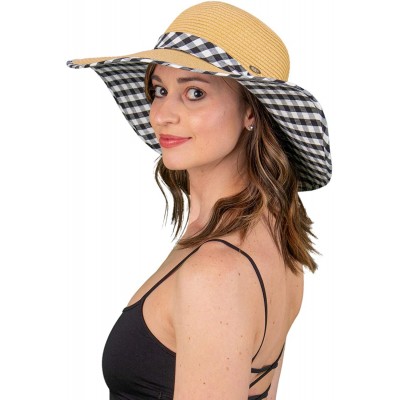 Sun Hats Womens Fabric Patterned Print Brim Adjustable Beach Floppy Sun Hat - Gingham - Black - CF18QDSW90C $19.82