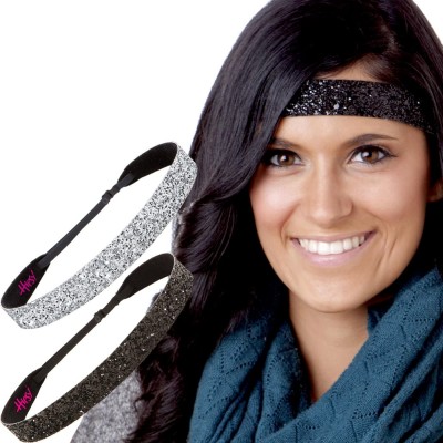 Headbands Adjustable NO Slip Wide Bling Glitter Headbands for Women Girls & Teens Black Duo Pack - Black & Silver - CG11OI9AS...