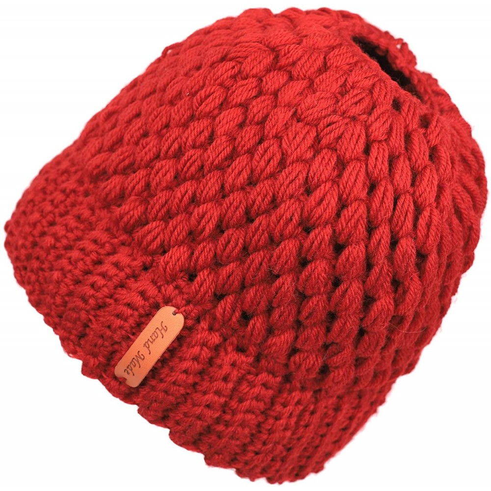 Cold Weather Headbands Women's Crochet High Bun Beanie Warm Ponytail Hat Soft Stretch Winter Skull Cap - Red - CY18IIYL5SY $8.14