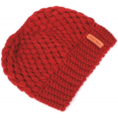 Cold Weather Headbands Women's Crochet High Bun Beanie Warm Ponytail Hat Soft Stretch Winter Skull Cap - Red - CY18IIYL5SY $8.14