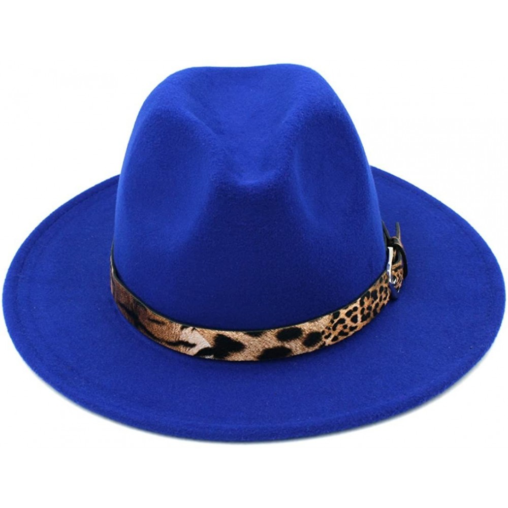 Fedoras Women's Wool Blend Panama Hats Wide Brim Fedora Trilby Caps Leopard Leather Band - Royal Blue - CU1867CLSIL $9.97
