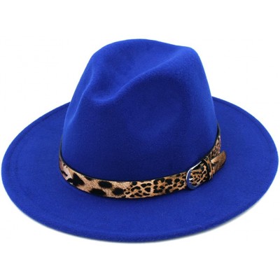 Fedoras Women's Wool Blend Panama Hats Wide Brim Fedora Trilby Caps Leopard Leather Band - Royal Blue - CU1867CLSIL $9.97