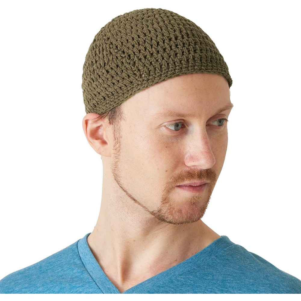 Skullies & Beanies Mens Cotton Beanie Skull Cap - Crochet Kufi Prayer Hat Knit Sensitive Skin Chemo - Khaki - CD19278WSUQ $18.57