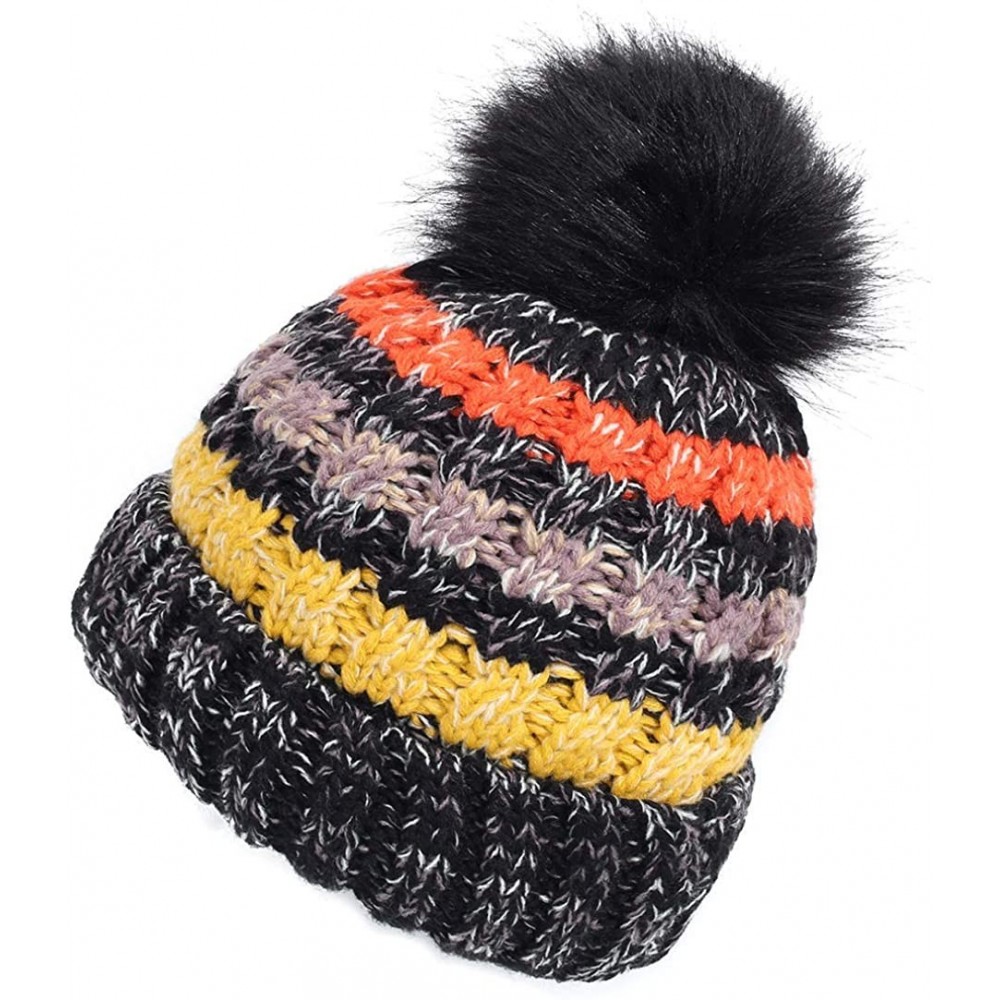 Skullies & Beanies Women's Thick Cushion Winter Slouchy Knitted Hat Cable Knit Pom Beanie Cap - Black - C9192SN07KS $8.13