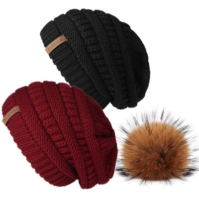 Skullies & Beanies Winter Real Fur Pom Beanie Hat Warm Oversized Chunky Cable Knit Slouch Beanie Hats for Women - 33-black Wi...
