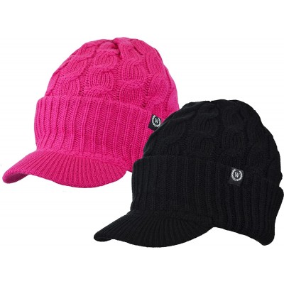Skullies & Beanies Winter Newsboy Cable Knitted Visor Beanie Bill Winter Warm Hat - Black & Hot Pink - C9129FSSDF3 $30.08