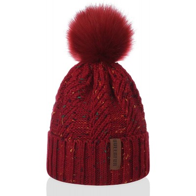 Skullies & Beanies Women Winter Knit Cable Hat Chunky Snow Cuff Cap with Faux Fur Pom Pom Beanie Hats - Conffeti Red - C218UN...