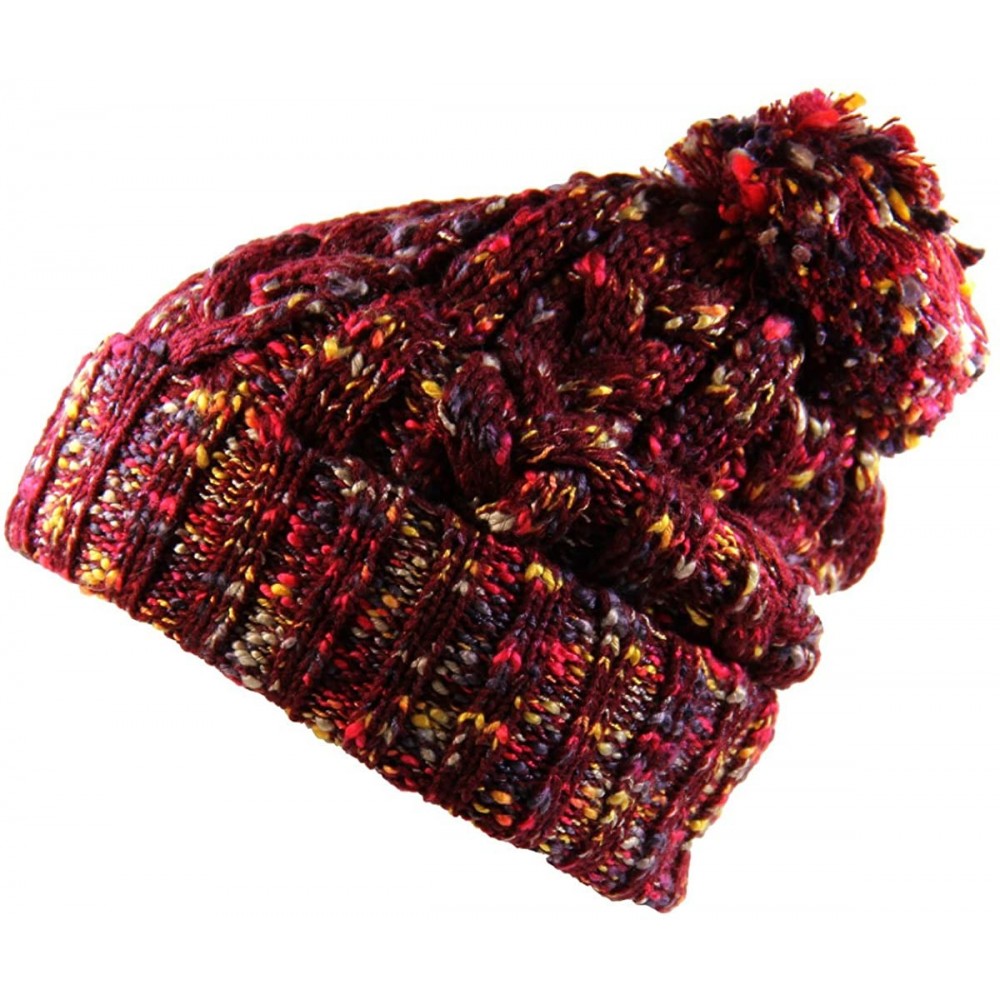 Skullies & Beanies Winter Warm Baggy Knit Slouchy Multi Color Beanie Hat with Pom Pom - Burgundy/Multi - CK186AZZY9N $17.62