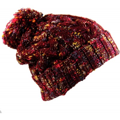 Skullies & Beanies Winter Warm Baggy Knit Slouchy Multi Color Beanie Hat with Pom Pom - Burgundy/Multi - CK186AZZY9N $17.62
