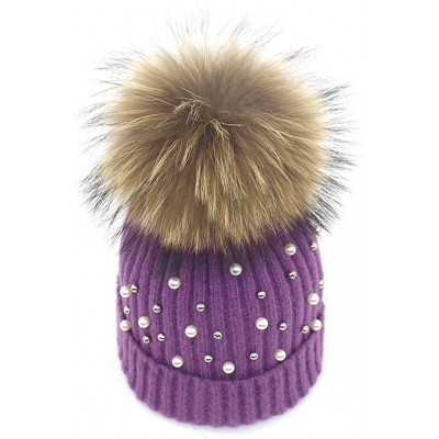 Skullies & Beanies Girls Winter Knitted Beanie Hat Real Fur Pom Pearls Womens Warm Cap - Purple - CD18KMRNUDI $31.27