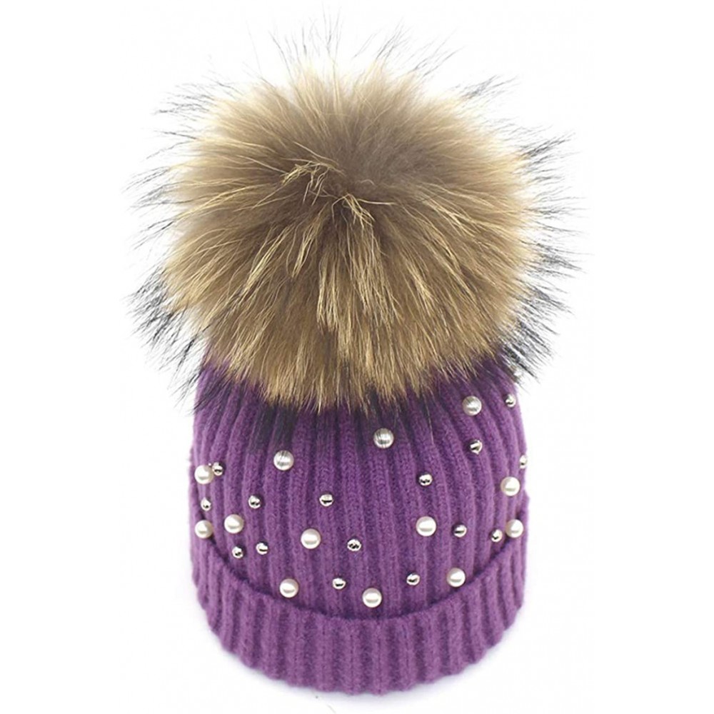 Skullies & Beanies Girls Winter Knitted Beanie Hat Real Fur Pom Pearls Womens Warm Cap - Purple - CD18KMRNUDI $16.87